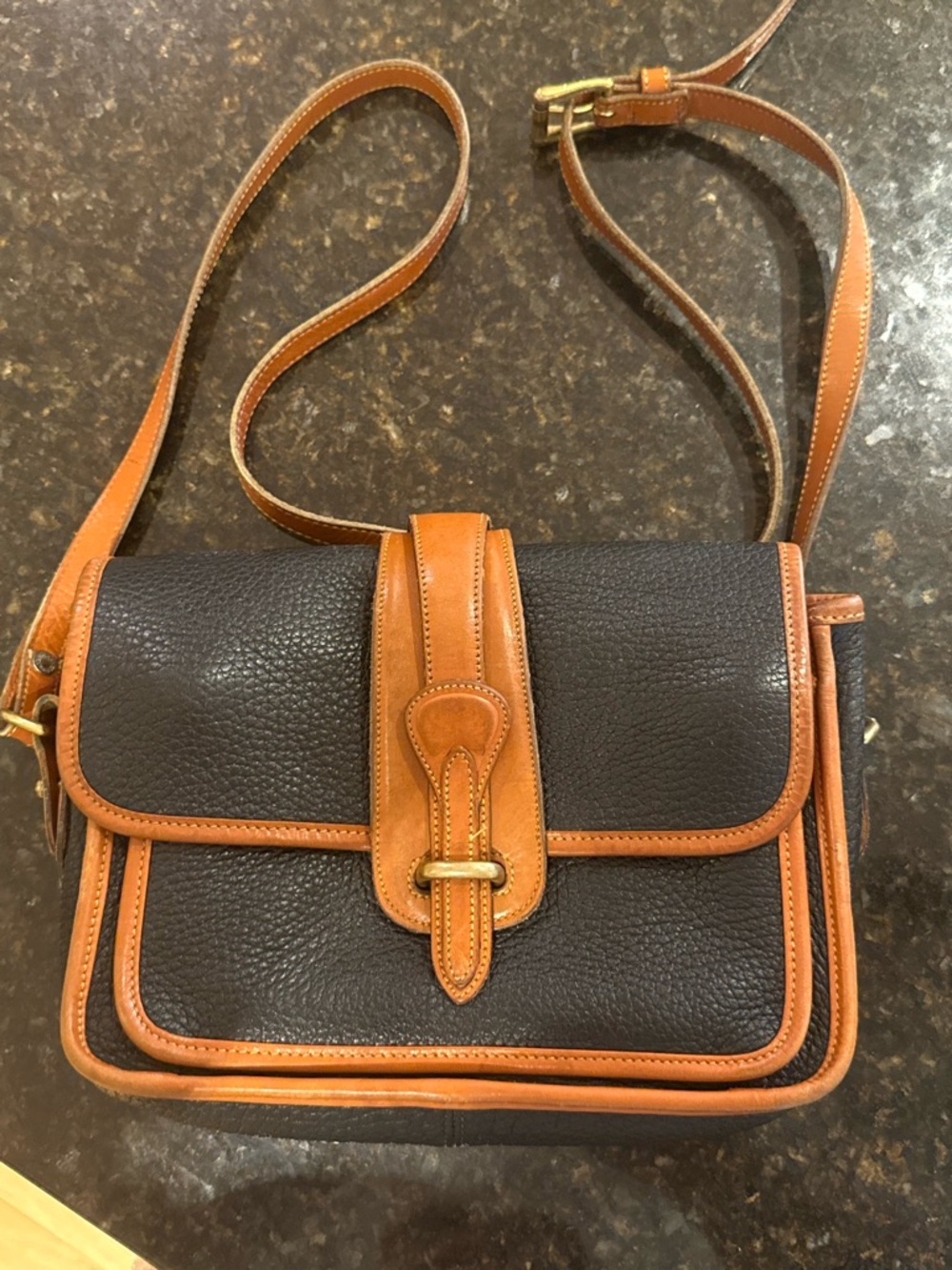 Vintage  & Bourke Black Pebbled Leather Crossbody with Tan Trim